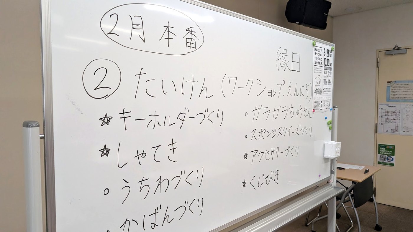 第1回の活動で屋台のアイデアを書き出したホワイトボード